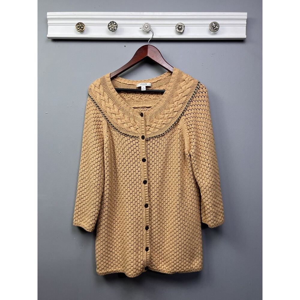 Liz Claiborne Womens Cardigan Sweater Large Tan Long Sleeve Button Front Chain